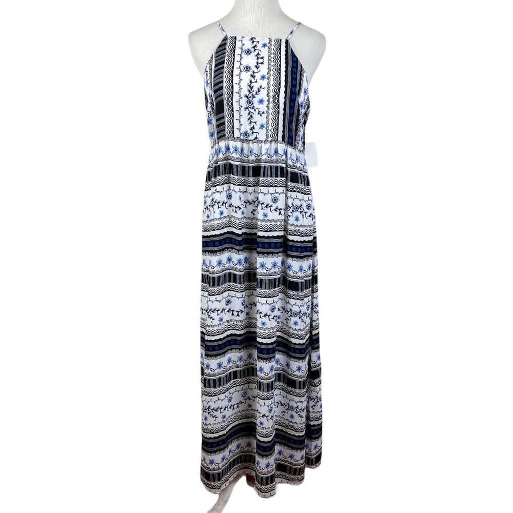 CeCe Black and Blue Striped Maxi Dress